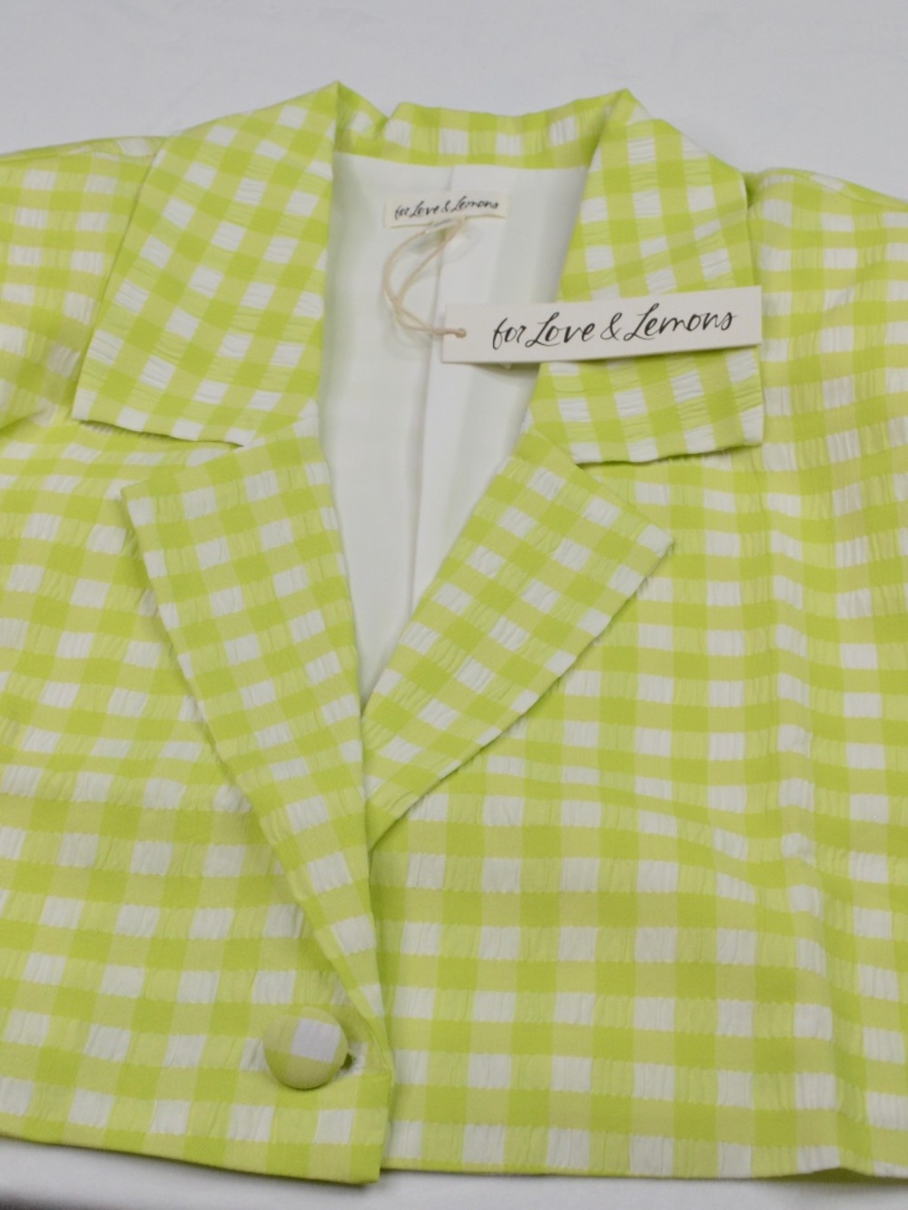 For Love and Lemons Maureen Green Gingham Cropped Short Sleeve Blazer NWT